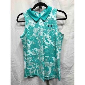 Under Armour Womens Sleeveless Golf Polo Shirt Teal Camo Athletic Fitted Size SM